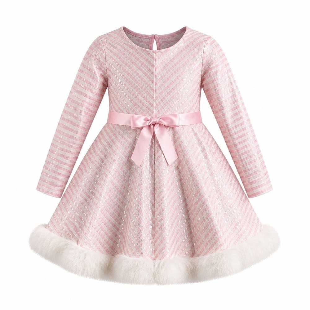 Bonnie Jean Girls Pink Sequin Striped Faux Fur Hem Party Dress Size 10 X42102-DL
